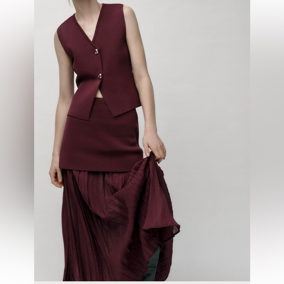 Zara NWT burgundy drop waist double layered underlay mixed pleated knit skirt - Picture 14 of 15